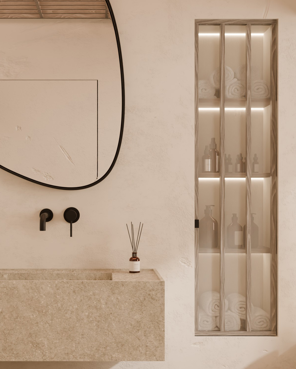 Detalle del lavabo y el mueble de almacenaje